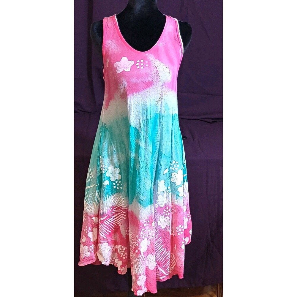 Boho Summer Tank Sundress - Pink Turquoise Tie-Dye Floral Beach Dress